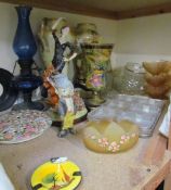 A pair of pottery vases together with a blue glass oil lamp, glass sundae dishes, Flamenco figurine,