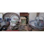 A large lot including a Simlay pattern part dinner set, jug and basin sets, prints,