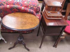 A Victorian burr walnut tripod table with an oval top together with a mahogany work table and a