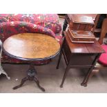 A Victorian burr walnut tripod table with an oval top together with a mahogany work table and a