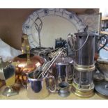 A Miners lamp together with an electroplated hot water pot, dressing table set,
