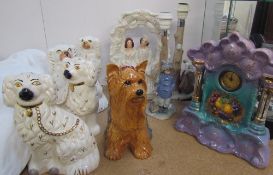 A Staffordshire flatback figure together with a pair of Staffordshire Spaniels,