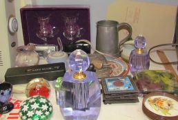 A pewter tankard, mag light, glass scent bottles,