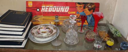 Times Past magazines together with an Ideal Rebound Game, paperweights, decanter,