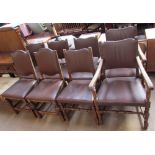A set of eight oak framed dining chairs with upholstered seats and back,