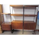 A pair of teak sectional side cabinets together with an oak trolley and a modern side table