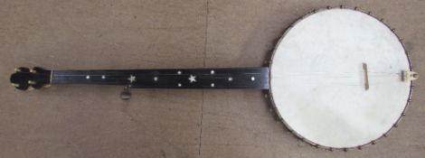 A John Alvey Turner five string banjo, inlaid with mother of pearl,