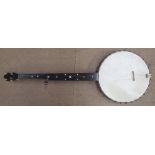 A John Alvey Turner five string banjo, inlaid with mother of pearl,