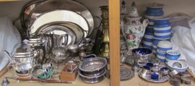 T G Green Cornishwares together with a pair of Copeland Spode vases and covers, brass candlesticks,