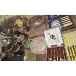 Assorted electroplated wares including a salver, entree dish and cover, tray,