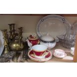 A glass jug and basin set together with assorted pottery, brass candlesticks,