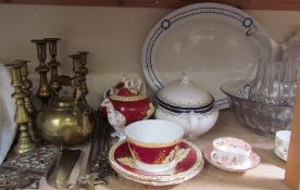 A glass jug and basin set together with assorted pottery, brass candlesticks,