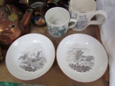 A set of four monochrome saucer dishes, possibly Swansea together with copper kettles,
