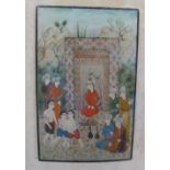 A miniature of an Indian figure group painted onto a mother of pearl panel,
