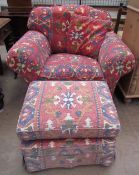 An upholstered armchair and foot stool
