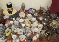 Pottery jugs together with shaving mugs, peons,