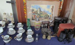 After James Priddy Pembroke Castle An etching Together with a Japanese part tea set, binoculars,