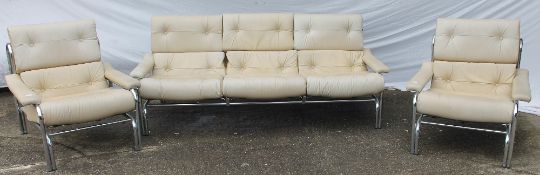 A 1970's Pieff suite in cream hide and chrome with Pirelli rubber seat supports CONDITION