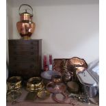 Brass spittoons together with a large copper kettle, a table top collectors cabinet, copper trays,