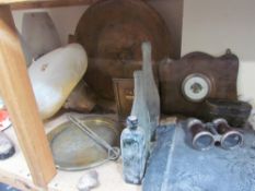 A photograph album together with a pair of binoculars, barometer, glass bottles, treen bowl,