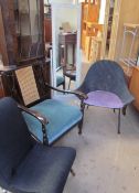 An upholstered chair with a bergère back together with a wicker chair,