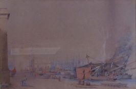 19th century Continental school A harbour scene Watercolour Together with a framed porcelain angel