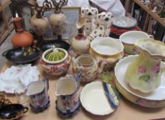 A large glass vase together with pottery ewers, Japanese satsuma pottery, jug and basin set,