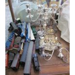 Assorted model trains together with electroplated candelabra etc