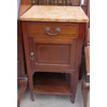 An Edwardian mahogany marble topped washstand with a frieze drawer and cupboard on square tapering