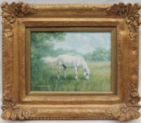 Glynn Williams White pony in a landscape Oil on board Signed 15 x 20cm ***Artists resale rights