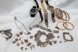 A Lady's Accurist wristwatch together with other wristwatches, bangles, silver charm bracelet,