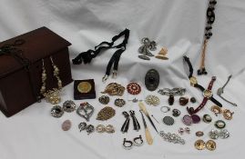 Assorted costume jewellery including necklaces, marcasite ring, brooches, earrings,