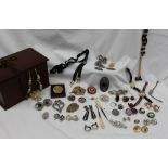 Assorted costume jewellery including necklaces, marcasite ring, brooches, earrings,