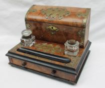 A walnut desk standish, with brass decoration,