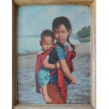David Cheng A young girl carrying a child Oil on canvas Signed and dated 1964 59 x 43.