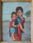 David Cheng A young girl carrying a child Oil on canvas Signed and dated 1964 59 x 43.