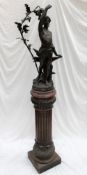 A large spelter lamp depicting a male figure in front of an anvil,