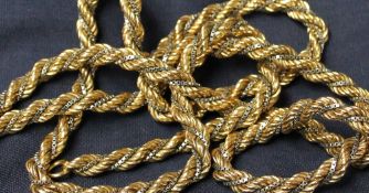 An 18ct yellow and white gold rope and box link twist necklace, 73cm long, approximately 41.