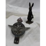 An Alvis car mascot in the form of a seated hare, chrome plating rubbed,