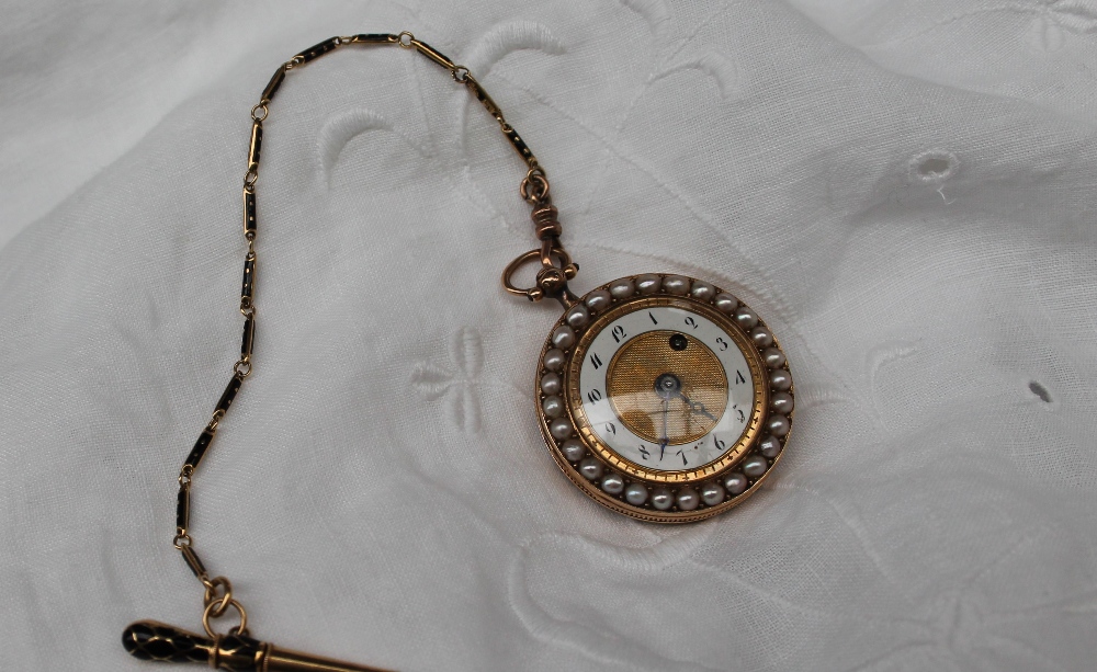 A 19th century French yellow metal, enamel and seed pearl decorated fob watch, - Image 2 of 6