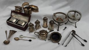 Assorted silver napkin rings, silver cruets, white metal and glass table salts etc,