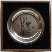 A silver dish, 925 standard, etched with a giraffe in profile by Bernard Buffet, inscribed '405,