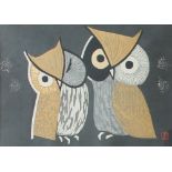 Kaoru Kawano (Japanese, 1916 - 1965) Two Owls A woodblock print Seal mark 25 x 36.
