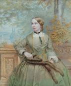 19th Century British School Three quarter length portrait of a lady in a green dress,