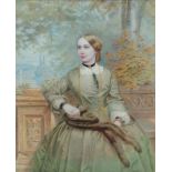 19th Century British School Three quarter length portrait of a lady in a green dress,