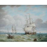 G Williams Ships at sea Oil on board Signed 18.5 x 23.