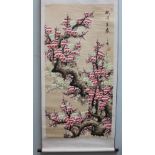 20th Century Chinese Trees in Blossom Watercolour on a scroll Seal marks and text 122 x 61cm