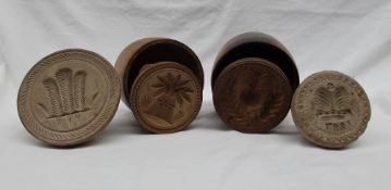 Treen - Victorian butter presses and moulds, including a thistle, corn stock,