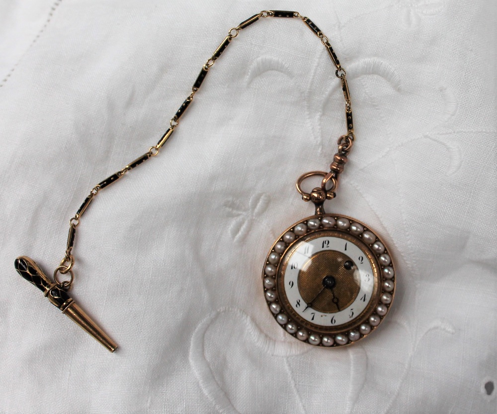 A 19th century French yellow metal, enamel and seed pearl decorated fob watch,