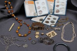 Assorted costume jewellery including bracelets, cufflinks, six pence bracelet, brooches,